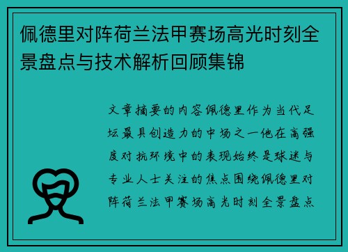 佩德里对阵荷兰法甲赛场高光时刻全景盘点与技术解析回顾集锦